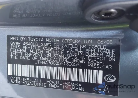 2005 Lexus Es 330 из США, поврежденный, VIN JTHBA30G855130055